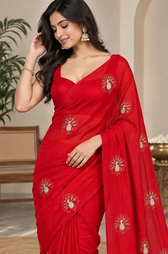Premium space satin floral bits work designer saree
