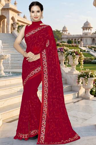 Red sequin embroidered work georgette designer saree for women