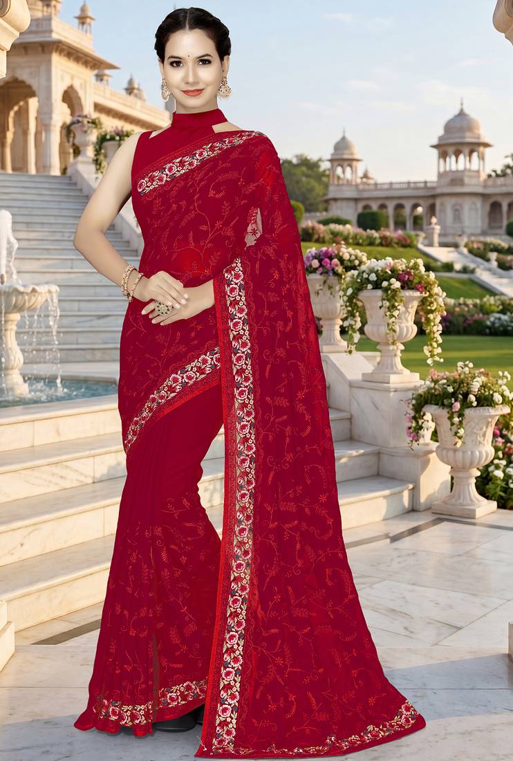 Red sequin embroidered work georgette designer saree for women