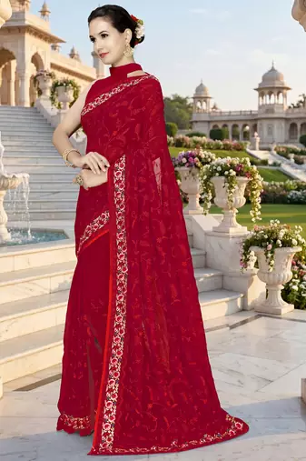 Red sequin embroidered work georgette designer saree for women