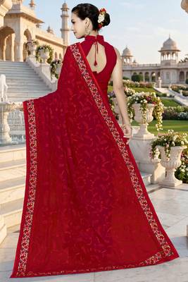 Red sequin embroidered work georgette designer saree for women 3