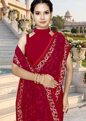 Red sequin embroidered work georgette designer saree for women 4