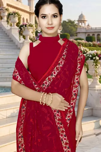 Red sequin embroidered work georgette designer saree for women