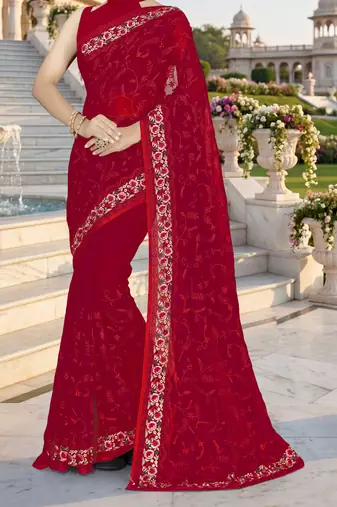 Red sequin embroidered work georgette designer saree for women
