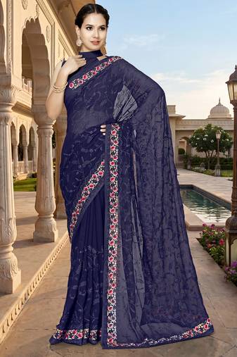 Navy blue sequin embroidered work georgette designer saree for women