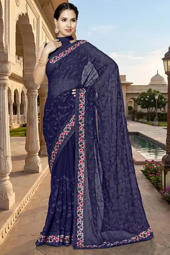 Navy blue sequin embroidered work georgette designer saree for women