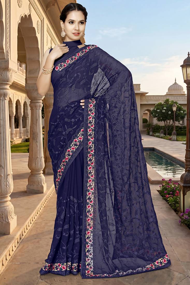 Navy blue sequin embroidered work georgette designer saree for women