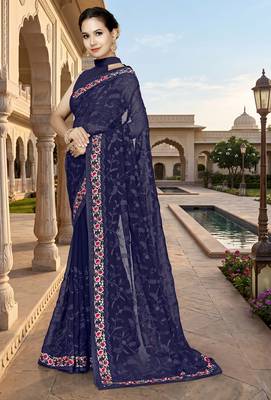 Navy blue sequin embroidered work georgette designer saree for women 2