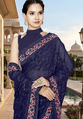 Navy blue sequin embroidered work georgette designer saree for women 4
