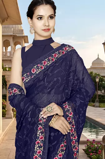 Navy blue sequin embroidered work georgette designer saree for women