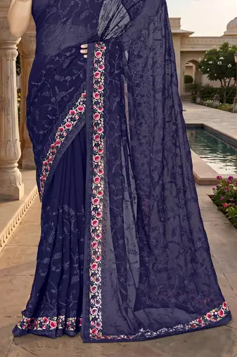 Navy blue sequin embroidered work georgette designer saree for women