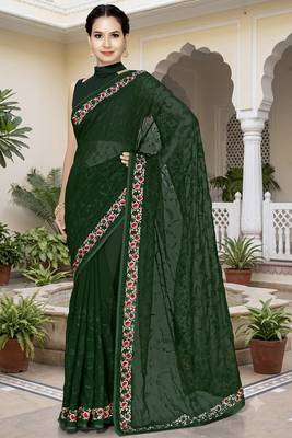 Bottle green sequin embroidered work georgette designer saree for women 1