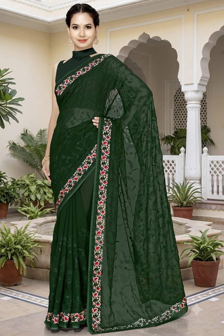 Bottle green sequin embroidered work georgette designer saree for women