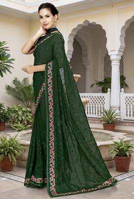 Bottle green sequin embroidered work georgette designer saree for women 2