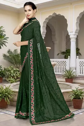 Bottle green sequin embroidered work georgette designer saree for women