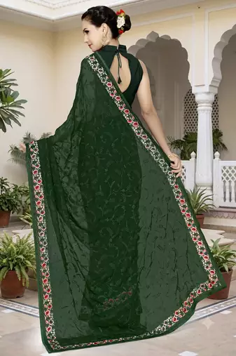 Bottle green sequin embroidered work georgette designer saree for women