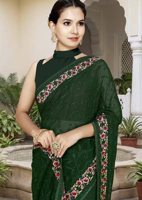 Bottle green sequin embroidered work georgette designer saree for women 4