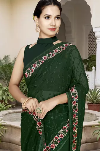 Bottle green sequin embroidered work georgette designer saree for women