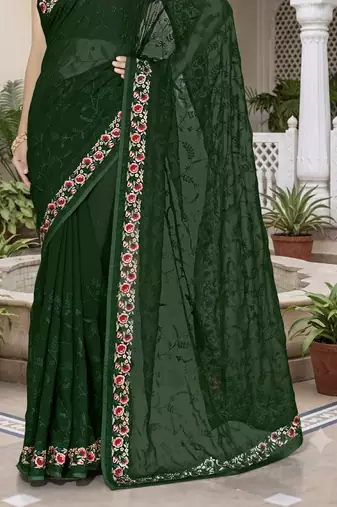 Bottle green sequin embroidered work georgette designer saree for women