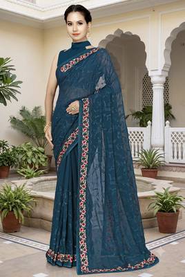 Teal blue sequin embroidered work georgette designer saree for women 1