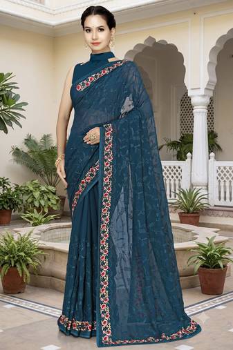 Teal blue sequin embroidered work georgette designer saree for women
