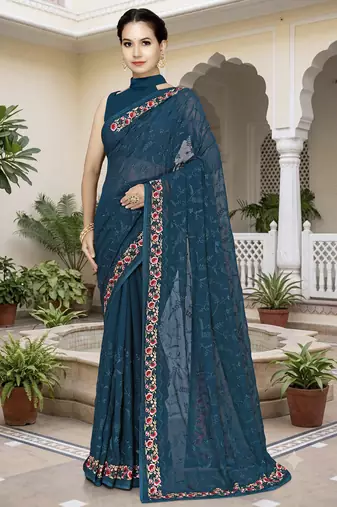 Teal blue sequin embroidered work georgette designer saree for women