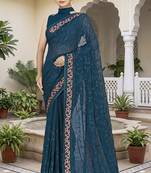Teal blue sequin embroidered work georgette designer saree for women
