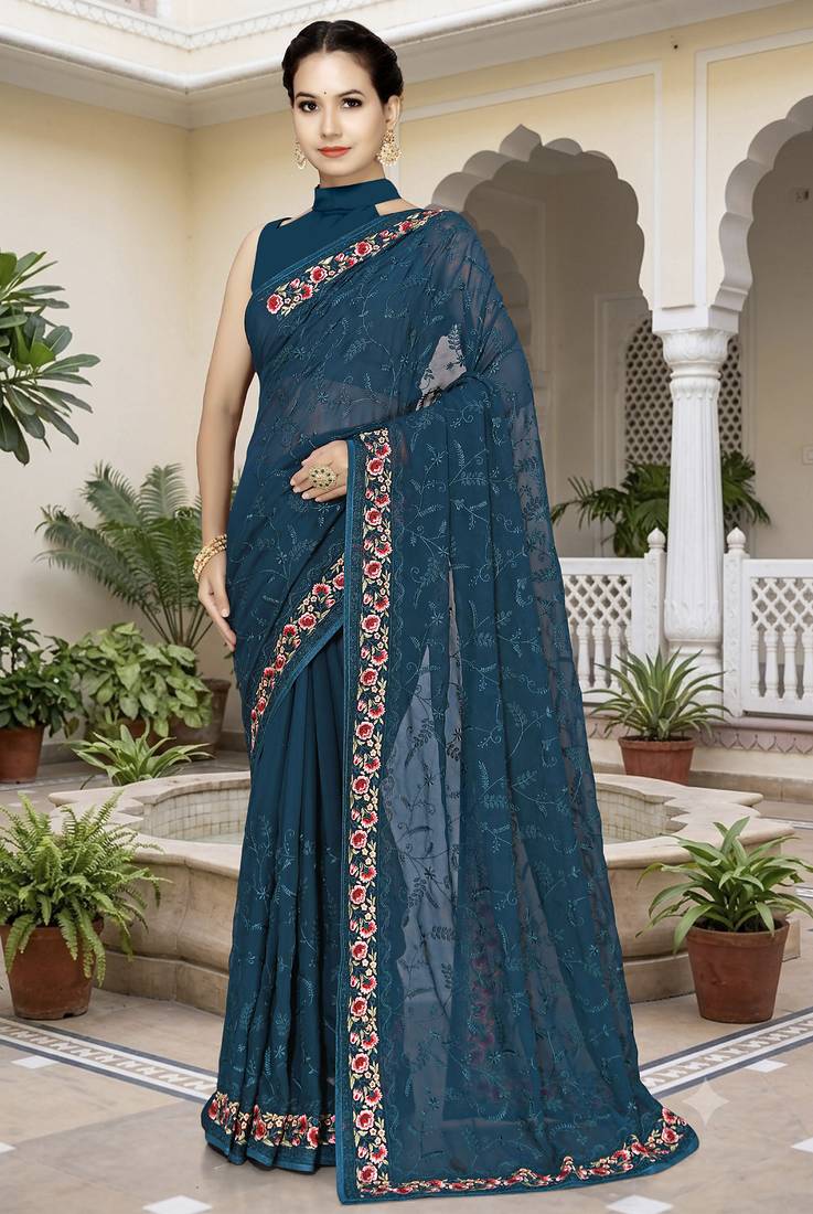 Teal blue sequin embroidered work georgette designer saree for women