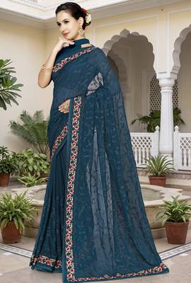 Teal blue sequin embroidered work georgette designer saree for women 2