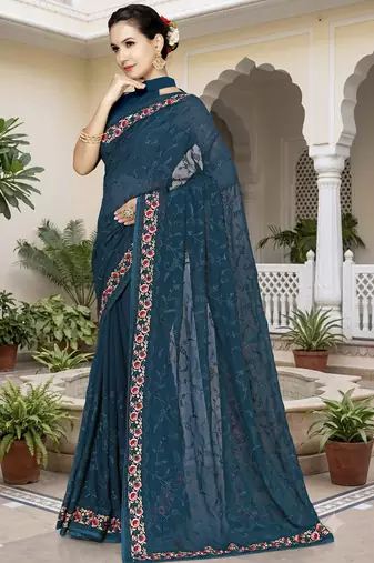 Teal blue sequin embroidered work georgette designer saree for women