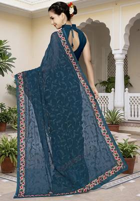 Teal blue sequin embroidered work georgette designer saree for women 3