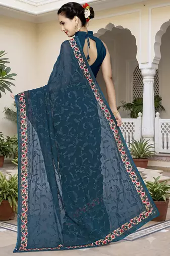 Teal blue sequin embroidered work georgette designer saree for women