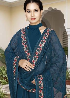Teal blue sequin embroidered work georgette designer saree for women 4