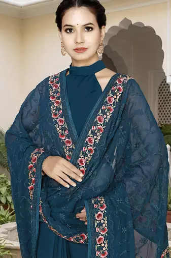 Teal blue sequin embroidered work georgette designer saree for women