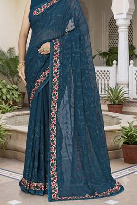 Teal blue sequin embroidered work georgette designer saree for women 5