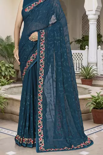 Teal blue sequin embroidered work georgette designer saree for women