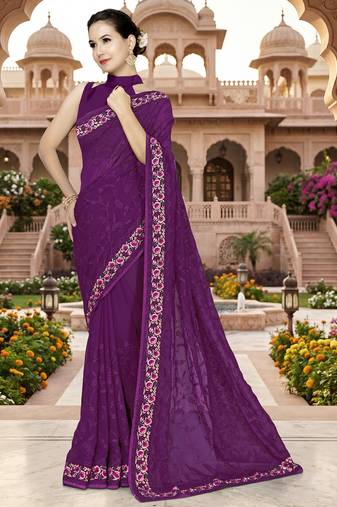 Wine sequin embroidered work georgette designer saree for women