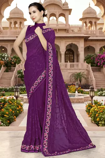 Wine sequin embroidered work georgette designer saree for women