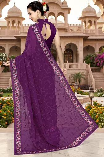 Wine sequin embroidered work georgette designer saree for women