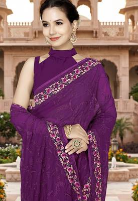Wine sequin embroidered work georgette designer saree for women 4