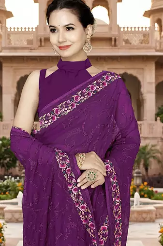 Wine sequin embroidered work georgette designer saree for women