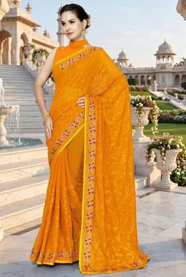 Mustard sequin embroidered work georgette designer saree for women 1