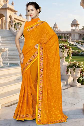Mustard sequin embroidered work georgette designer saree for women