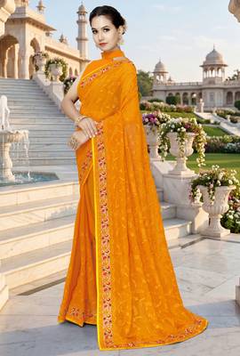 Mustard sequin embroidered work georgette designer saree for women 2