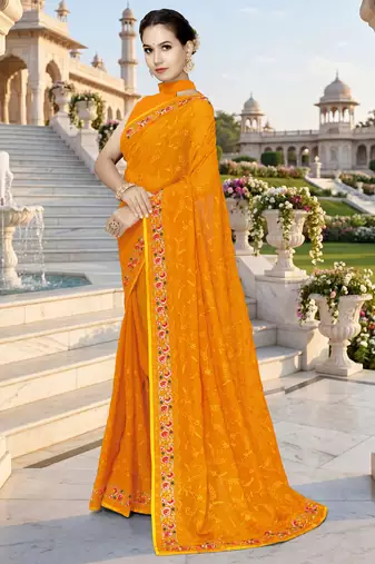 Mustard sequin embroidered work georgette designer saree for women