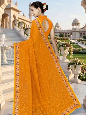 Mustard sequin embroidered work georgette designer saree for women 3