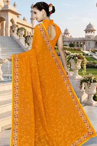 Mustard sequin embroidered work georgette designer saree for women