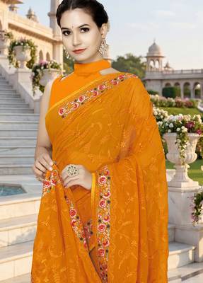 Mustard sequin embroidered work georgette designer saree for women 4