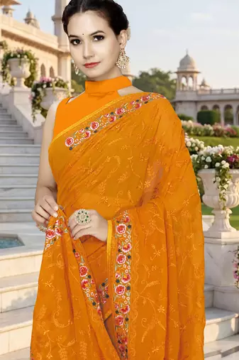 Mustard sequin embroidered work georgette designer saree for women