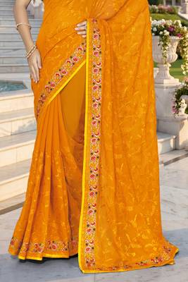 Mustard sequin embroidered work georgette designer saree for women 5
